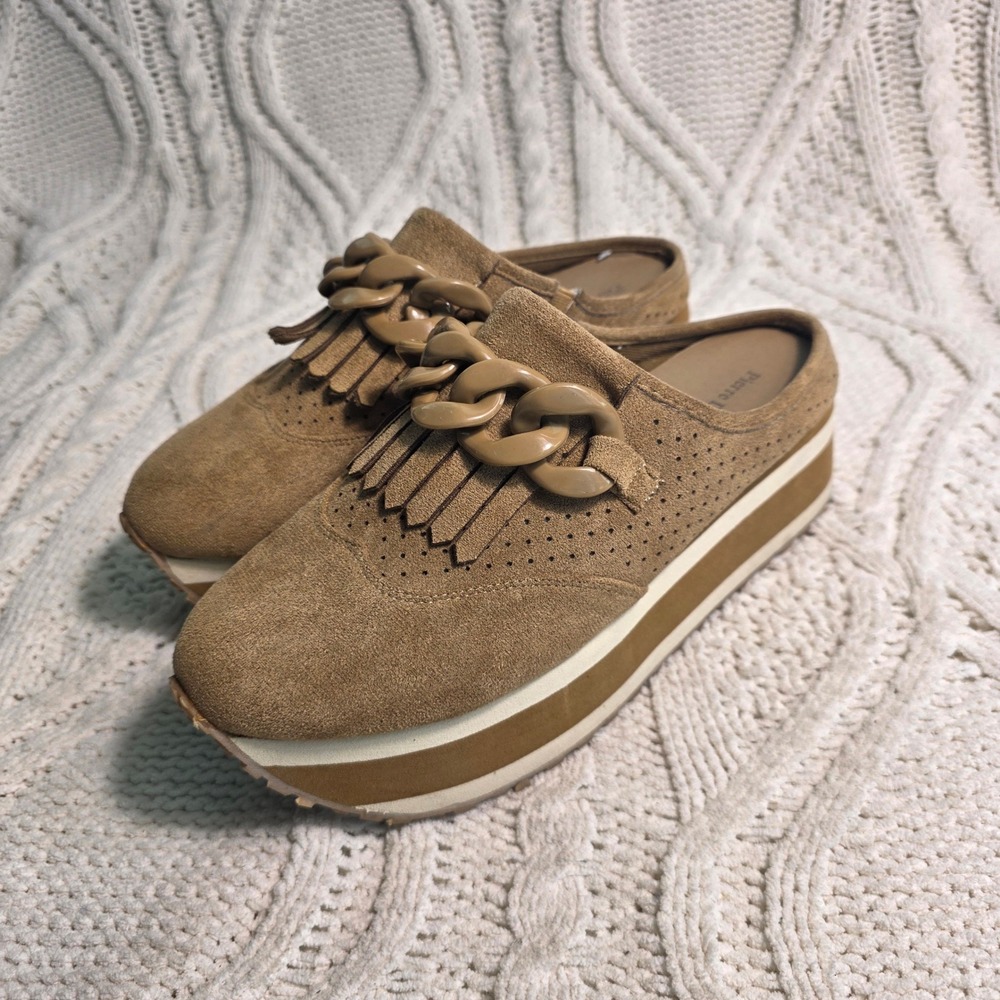 Pierre Dumas Platform Mules Tan Faux Suede Chain Fringe Womens 9 Excellent